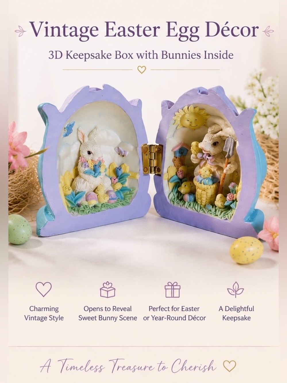 Vintage Easter Egg Keepsake Box Bunny Diorama Purple Tulip Decor Spring Easter